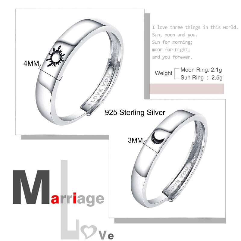 Beydodo 925 Sterling Silver Anniversary Ring Adjustable Matching Rings Sun And Moon I Love You Ring Promise - Image 4